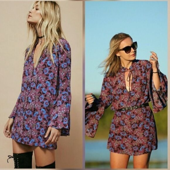 Free People Magic Mystery Print Tunic Dress Floral Boho Dress bell sleeves small - Picture 1 of 10